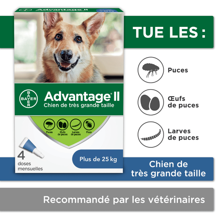 Bayer k9 advantix Plus de 25kg Advantage II protection contre les puces et poux pour chiens 4 doses