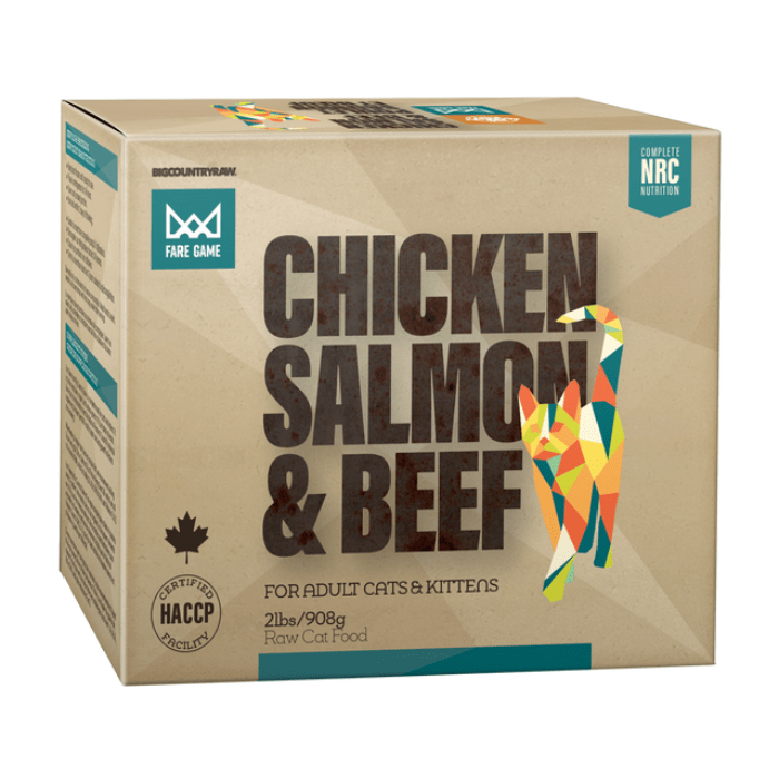 Big Country Raw congele Nourriture Cru Fare Game poulet, saumon et boeuf - 2lbs pour chat Nourriture Cru Fare Game poulet, saumon et boeuf - 2lbs pour chat