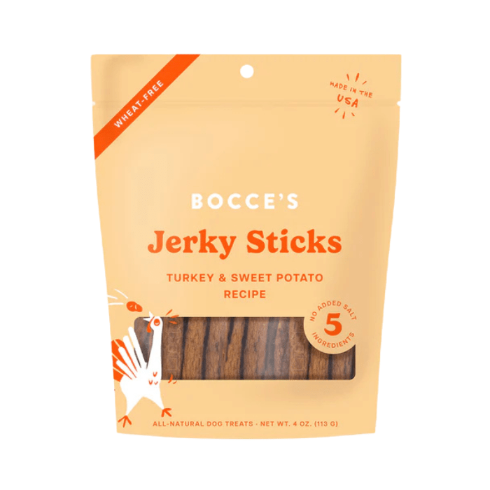 Bocce&#39;s Bakery Gâteries Gâteries pour chiens Grazers bâton de jerky dinde et patate douce 4oz Gâteries pour chiens Grazers bâton de jerky dinde et patate douce 4oz