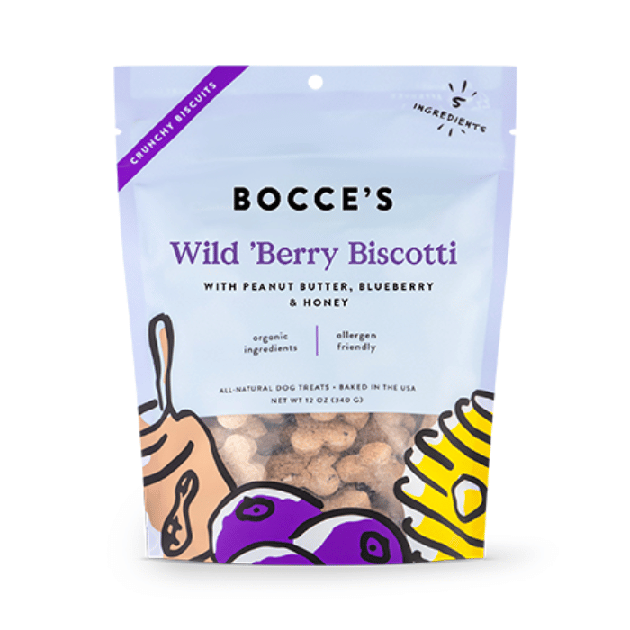 Bocce&#39;s Bakery Gâteries Gâteries pour chiens Wild Berry Biscotti avec beurre de peanuts, bleuets et miel 12oz