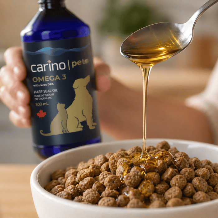 Carino supplement Huile de phoque pour chiens et chats. Pelage brillant, articulations en santé Huile de Phoque (Loup Marin) pour Chiens et Chats | Oméga-3 Canadien - Sherbrooke Canin