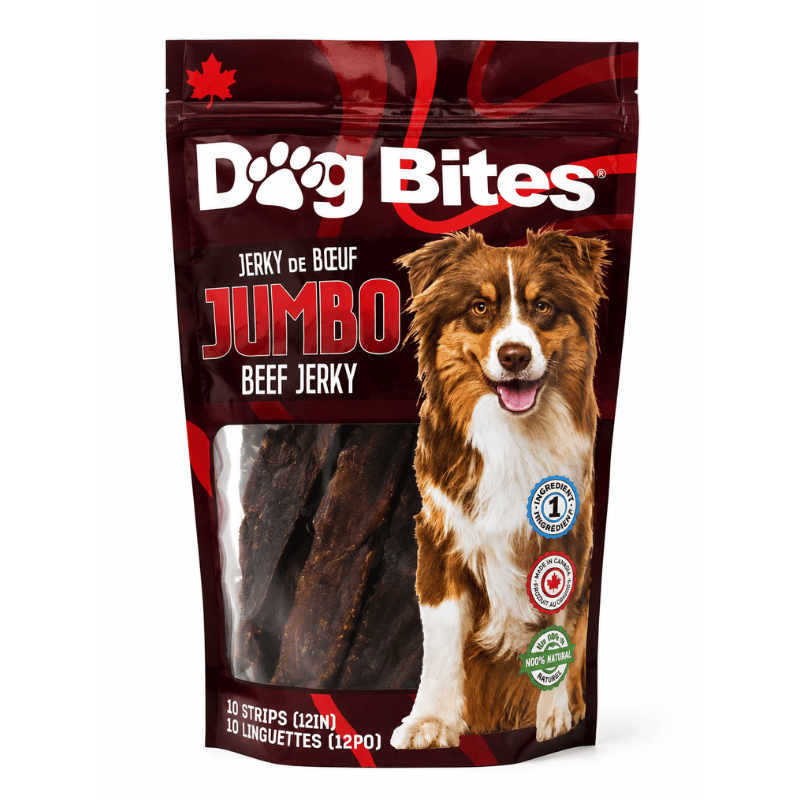 Dog Bites Gâteries Dog Bites Jumbo Beef Jerky 12 po - Sac de 10 lanières Dog Bites Jumbo Beef Jerky 12 po - Sac de 10 | Sherbrooke Canin