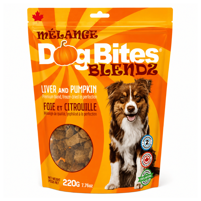 Dog Bites Gâteries 100g Gâteries pour chiens séchées à froid - Blendz Foie et citrouille Gateries pour chiens sechees a froid - Blendz Foie et citrouille