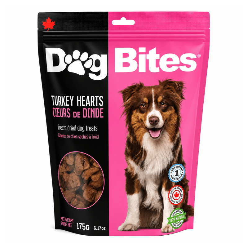 Dog Bites Gâteries 90g Gâteries pour chiens séchées à froid - Cœurs de dinde Gateries pour chiens sechees a froid - Coeurs de dinde