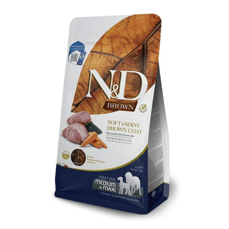 Farmina nourriture Farmina N&D Brown Pelage Brun - Sans Grains Chien Agneau, Kelp & Carotte Moyen/Grand Croquettes Farmina N&D Brown Sans Grains Agneau Kelp Carotte Chien Moyen Grand | Sherbrooke Canin