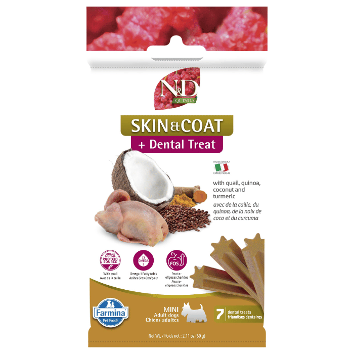 Farmina nourriture Gâteries Dentaires Pour Chien Farmina N&d Quinoa, Peau & Poils, Caille Mini 60g Gâteries Dentaires Pour Chien Farmina N&d Quinoa, Peau & Poils, Caille Mini 60g