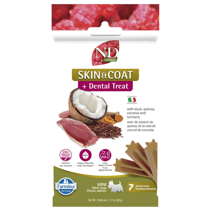 Farmina nourriture Gâteries Dentaires Pour Chien Farmina N&d Quinoa, Peau & Poils, Canard Mini 60g Gâteries Dentaires Pour Chien Farmina N&d Quinoa, Peau & Poils, Canard Mini 60g