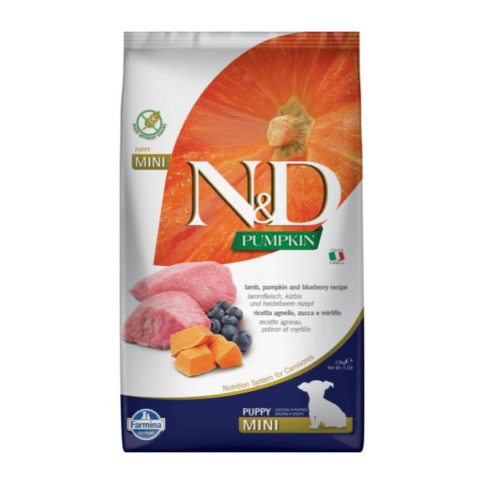 Farmina nourriture Nourriture pour chiots Farmina N&amp;d Citrouille Sans Grains Agneau &amp; Bleuet