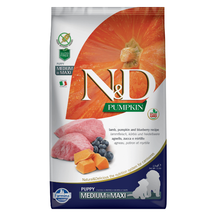 Farmina nourriture Nourriture pour chiots Farmina N&amp;d Citrouille Sans Grains Chiot Agneau &amp; Bleuet Moyen/grand