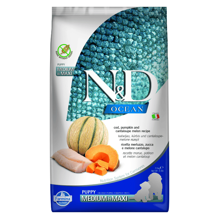 Farmina nourriture Nourriture pour chiots Farmina N&amp;d Ocean Sans Grains Chiot Morue &amp; Citrouille Moyen/grand