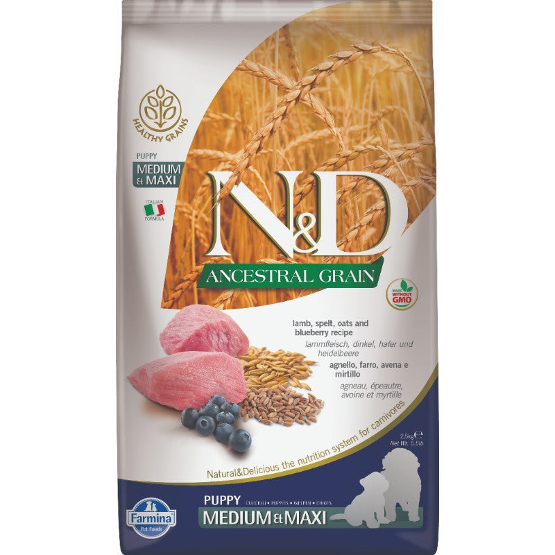 Farmina Nourriture pour chien Farmina N&D Grains Ancestraux - Chiot Agneau et Bleuet, Moyen/Grand 26.4lb Farmina N&D Grains Ancestraux - Chiot Agneau et Bleuet, Moyen/Grand 26.4lb