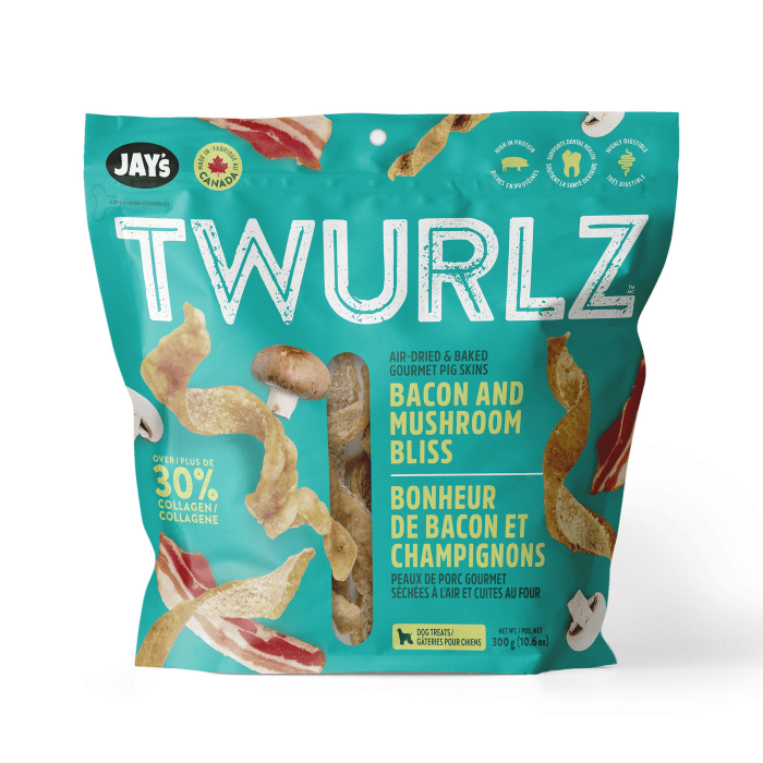 Jay's Gâteries Jay's Twurlz, Peaux De Porc Séchées à L'air Pour Chien, Bacon & Champignons Jay's Twurlz, Peaux De Porc Séchées à L'air Pour Chien, Bacon & Champignons