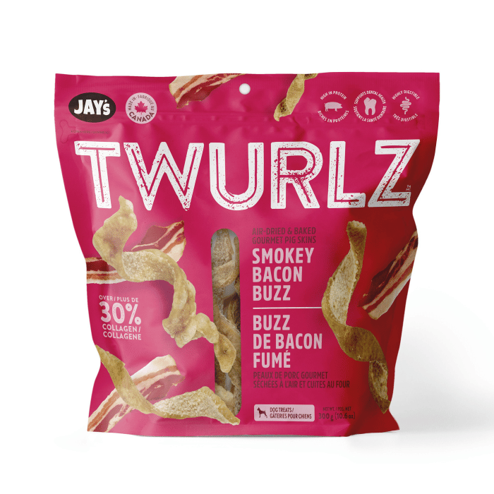 Jay's Gâteries Jay's Twurlz, Peaux De Porc Séchées à L'air Pour Chien, Bacon Fumé Jay's Twurlz, Peaux De Porc Séchées à L'air Pour Chien, Bacon Fumé