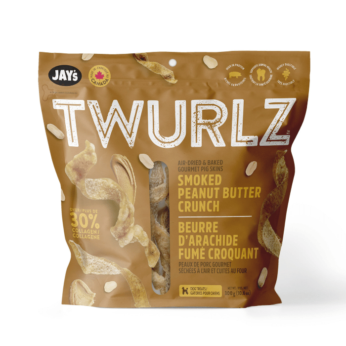 Jay's Gâteries Jay's Twurlz, Peaux De Porc Séchées à L'air Pour Chien, Beurre D'arachides Fumé Jay's Twurlz, Peaux De Porc Séchées à L'air Pour Chien, Beurre D'arachides Fumé
