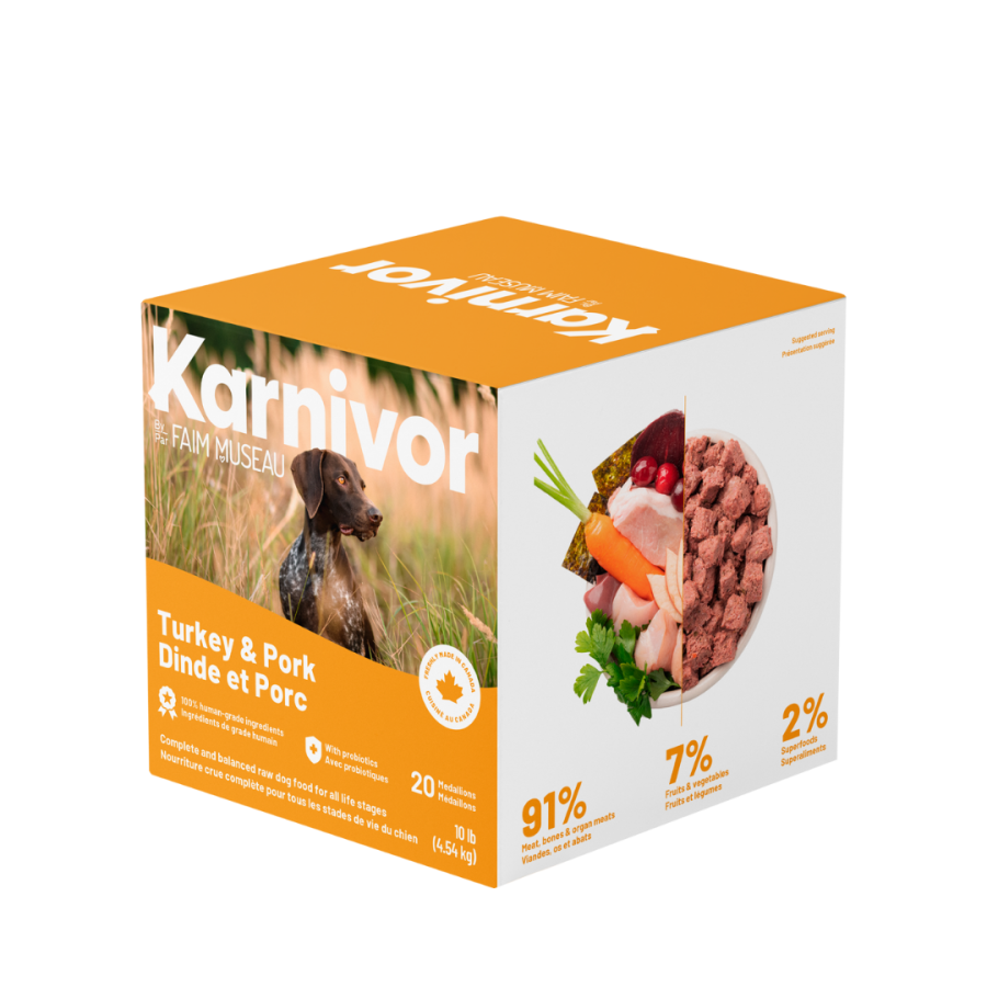 Karnivor Nourriture crue congelée Default Karnivor - Boîte 10 lb Dinde & Porc (20 médaillons 1/2 lb) - En magasin seulement Karnivor Boîte 10 lb Dinde & Porc | Nourriture crue pour chiens | Sherbrooke Canin