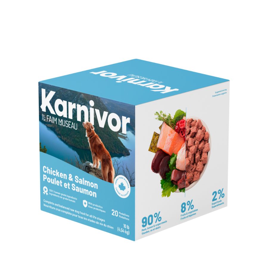 Karnivor Nourriture crue congelée Default Karnivor - Boîte 10 lb Poulet & Saumon (20 médaillons 1/2 lb) - En magasin seulement Karnivor Boîte 10 lb Poulet & Saumon | Nourriture crue pour chiens | Sherbrooke Canin