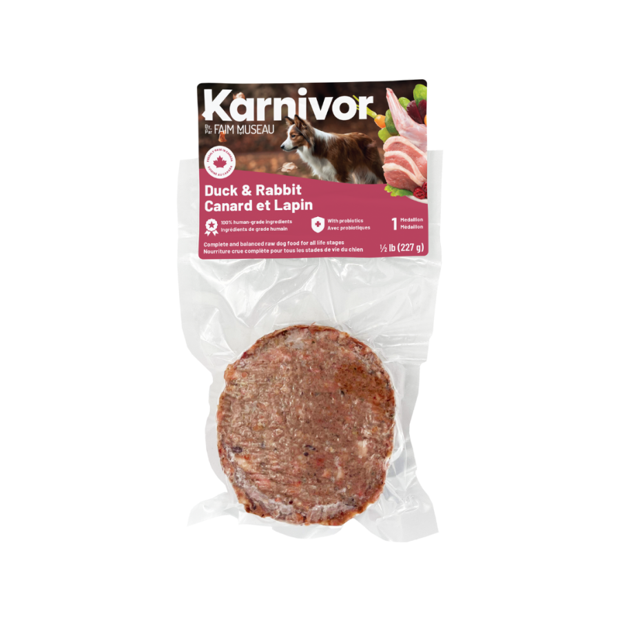 Karnivor Nourriture crue congelée Default Karnivor - Médaillon individuel Canard & Lapin (1/2 lb) - En magasin seulement Karnivor Médaillon Canard & Lapin 1/2 lb | Nourriture crue pour chiens | Sherbrooke Canin