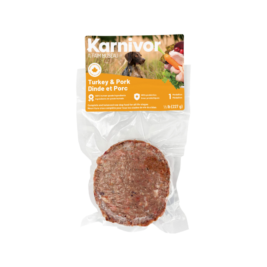 Karnivor Nourriture crue congelée Default Karnivor - Médaillon individuel Dinde & Porc (1/2 lb) - En magasin seulement Karnivor Médaillon Dinde & Porc 1/2 lb | Nourriture crue pour chiens | Sherbrooke Canin