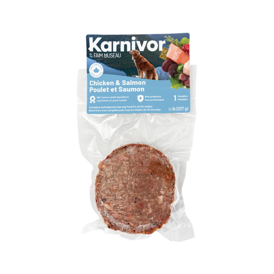 Karnivor Nourriture crue congelée Default Karnivor - Médaillon individuel Poulet & Saumon (1/2 lb) - En magasin seulement Karnivor Médaillon Poulet & Saumon 1/2 lb | Nourriture crue pour chiens | Sherbrooke Canin