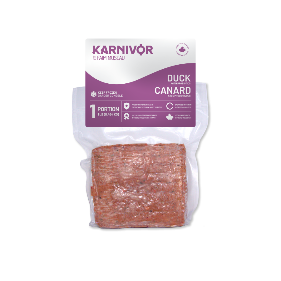 Karnivor Nourriture crue congelée Default Karnivor - Portion individuelle Canard avec probiotiques (1 lb) - En magasin seulement Karnivor Portion individuelle Canard avec probiotiques 1 lb | Nourriture crue | Sherbrooke Canin