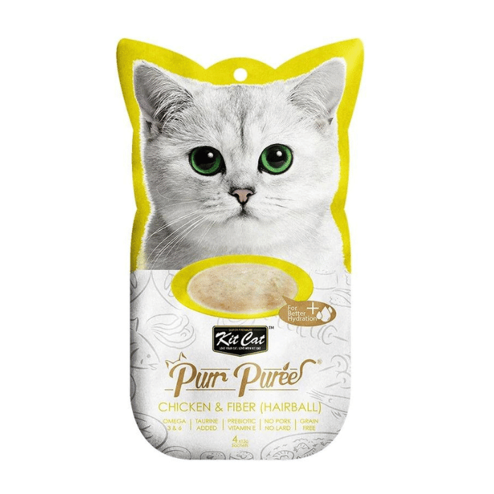 Kit Cat kit cat purr purées poulet & fibre (boule de poils) gâterie pour chat 4 x 15gm