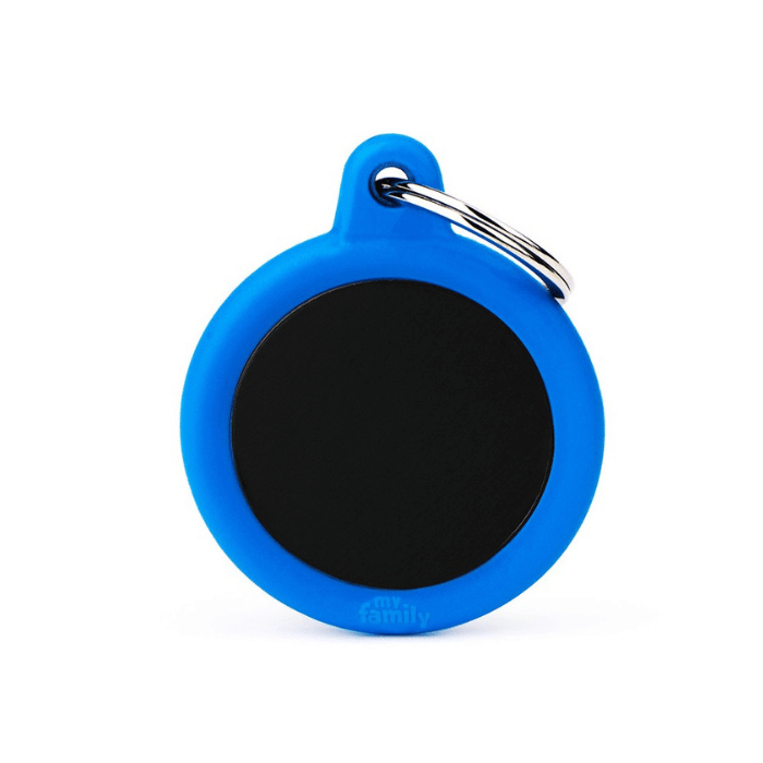 MyFamily medaille Copy of Médaille pour chiens - Hushtag cercle noir gomme bleu