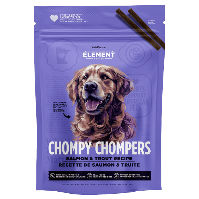 Nutri Source Gâteries Gâteries - Chompy Chompers au saumon et à la truite 6oz Gâteries - Chompy Chompers au saumon et à la truite 6oz