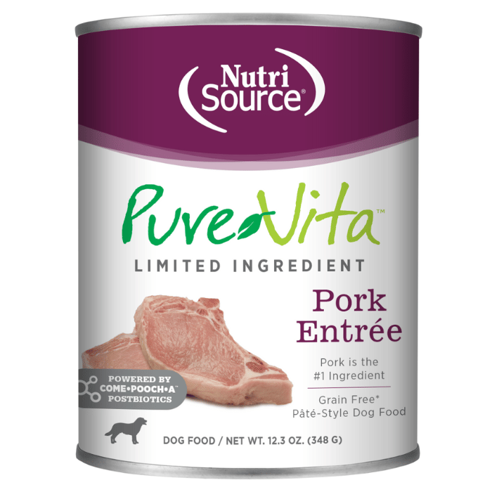 Nutri Source nourriture humide 12.3oz Nourriture humide pour chiens à ingrédients limités - Entrée de porc Nourriture humide pour chiens à ingrédients limités - Entrée de porc