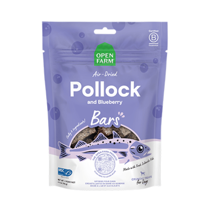 Open Farm Gâteries Gâteries croustillantes pour chiens - Barre à la goberge et aux bleuets séchée à l'air 4.1oz Gâteries croustillantes pour chiens - Barre à la goberge et aux bleuets séchée à l'air 4.1oz