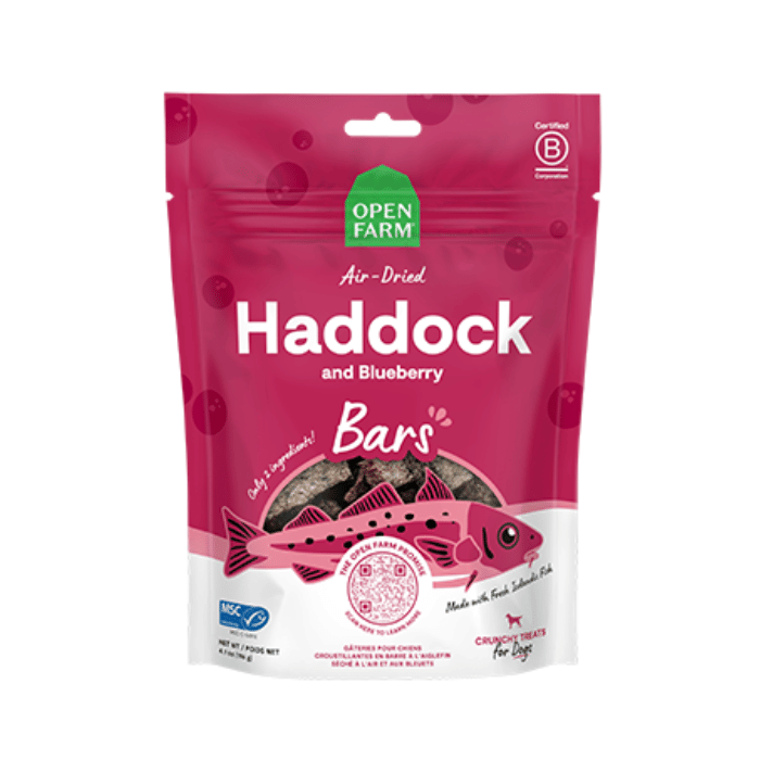 Open Farm Gâteries Gâteries croustillantes pour chiens - Barre aiglefin et aux bleuets séchée à l'air 4.1oz Gâteries croustillantes pour chiens - Barre aiglefin et aux bleuets séchée à l'air 4.1oz
