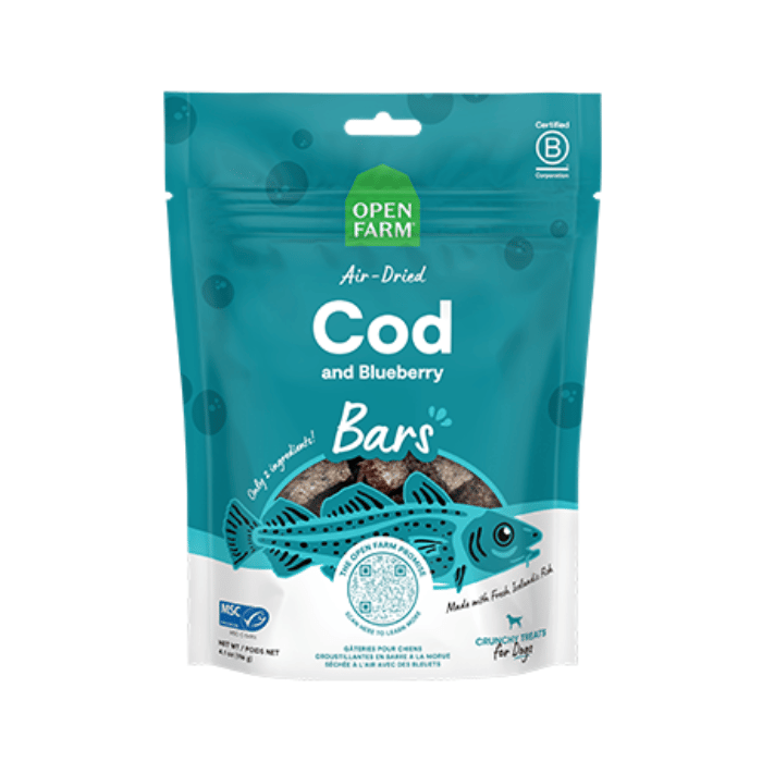 Open Farm Gâteries Gâteries croustillantes pour chiens - Barre morue et aux bleuets séchée à l'air 4.1oz Gâteries croustillantes pour chiens - Barre morue et aux bleuets séchée à l'air 4.1oz