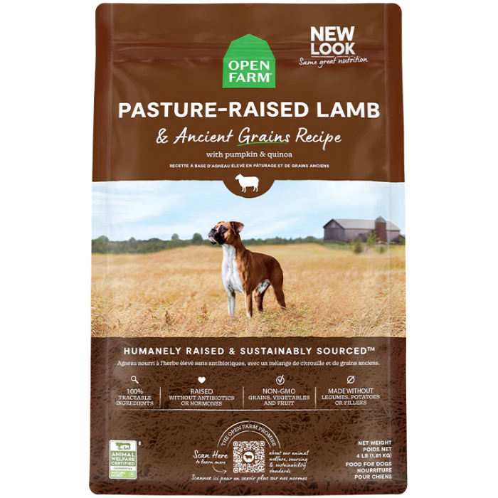 Open Farm nourriture 4 lbs Nourriture pour chien Open Farm Agneau avec grains anciens Nourriture pour chien Open Farm Agneau avec grains anciens