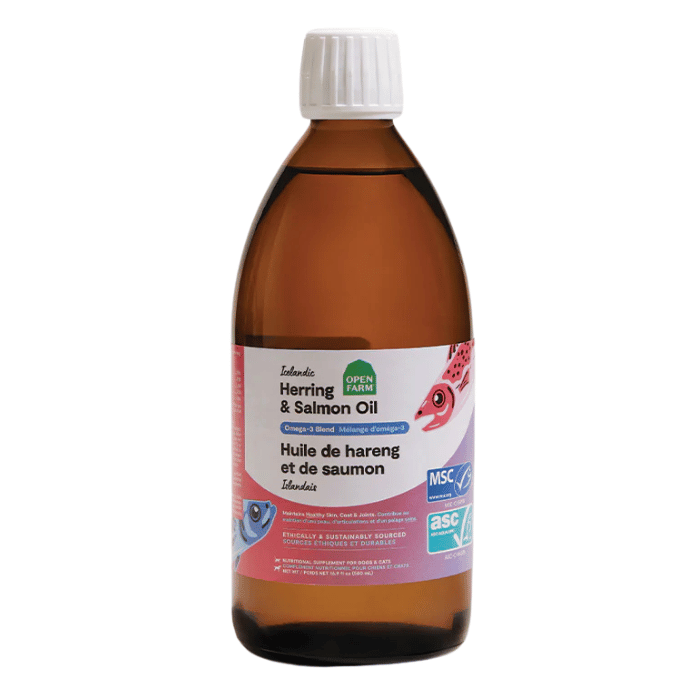 Open Farm Supplément chien et chat 500 ml (16.9 oz) Open Farm Huile de hareng et saumon islandais pour chiens et chats Open Farm Huile de hareng et saumon islandais pour chiens et chats | Sherbrooke Canin