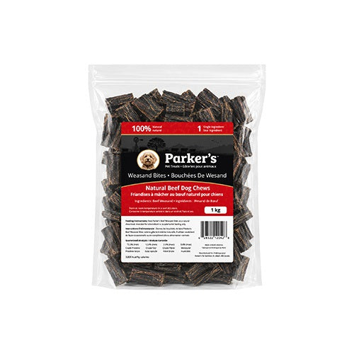 Parker's Gâteries 1 kg Parker's Pet Treats - Weasand Bites (Œsophage de bœuf) pour chien Parker's Weasand Bites - Œsophage de Bœuf 100% Naturel - Sherbrooke Canin