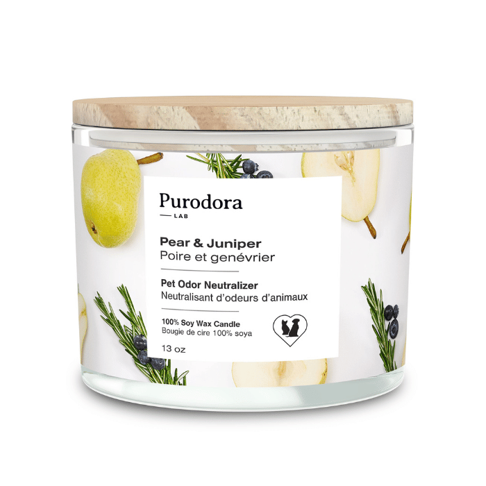 Purodora Lab Bougie De Soya, Neutralisant D'odeurs D'animaux, Poire Et Genévrier 13oz