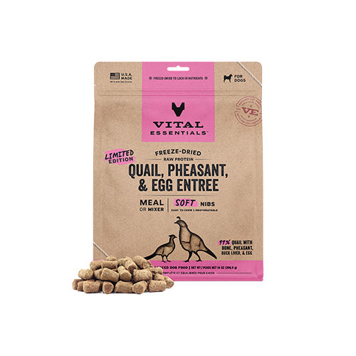 Vital Essentials 14oz Bouchées tendres de caille, faisan et œuf Lyophilisées pour chiens Bouchées Lyophilisées Caille Faisan Œuf pour Chien | Sherbrooke Canin