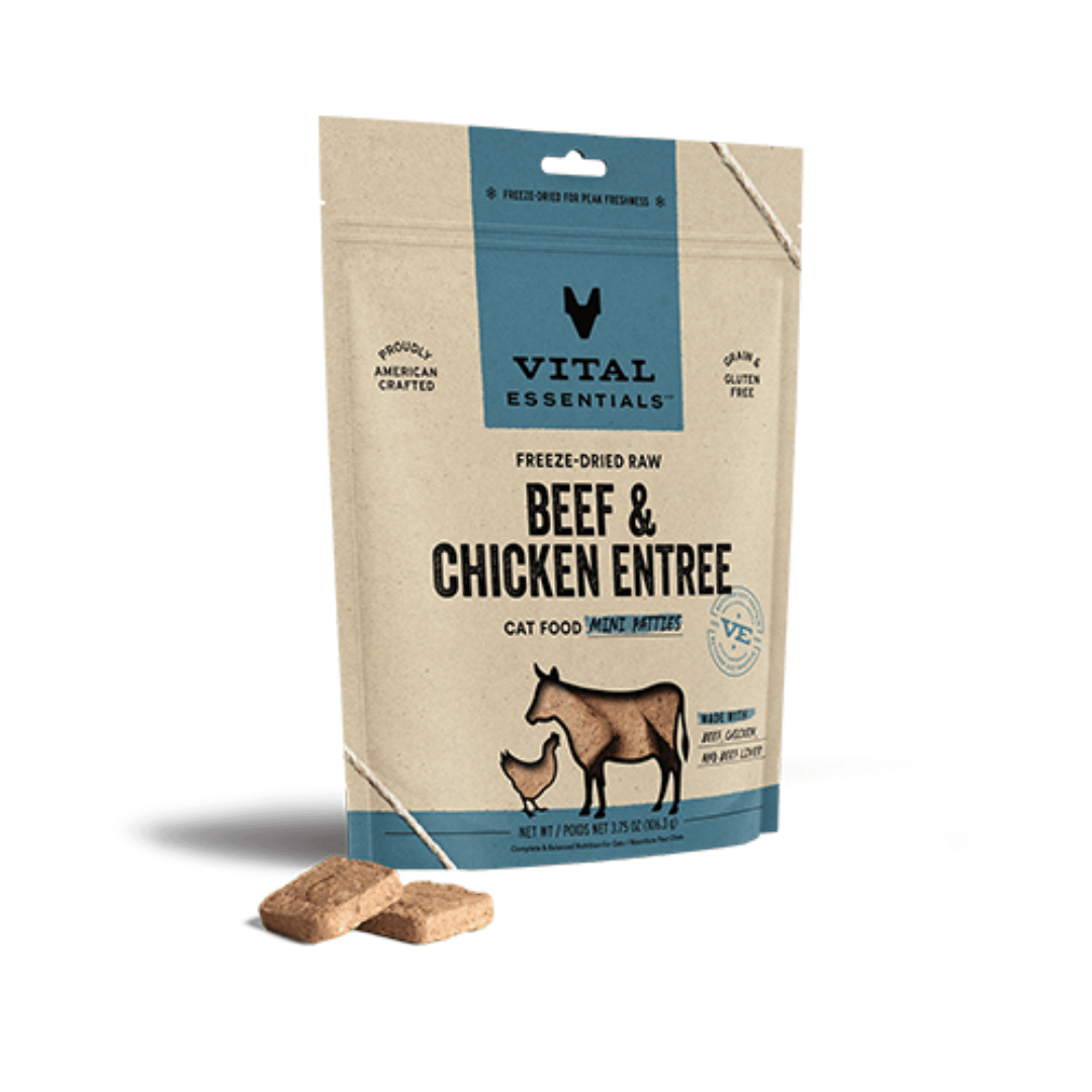 Vital Essentials Mini galette de Nourriture Crue Lyophilisée pour Chats - Boeuf et Poulet Mini galette de Nourriture Crue Lyophilisée pour Chats - Boeuf et Poulet