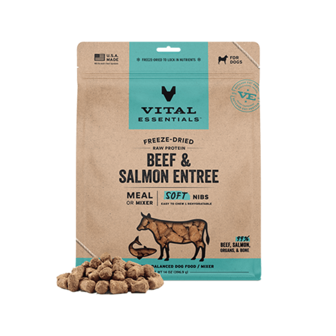 Vital Essentials nourriture 14oz Vital Essentials® – Repas ou Mélange de Bouchées Tendres à base de Protéines Crues Lyophilisées : Bœuf et Saumon, 14 oz Vital Essentials® – Repas ou Mélange de Bouchées Tendres à base de Protéines Crues Lyophilisées : Bœuf et Saumon, 14 oz