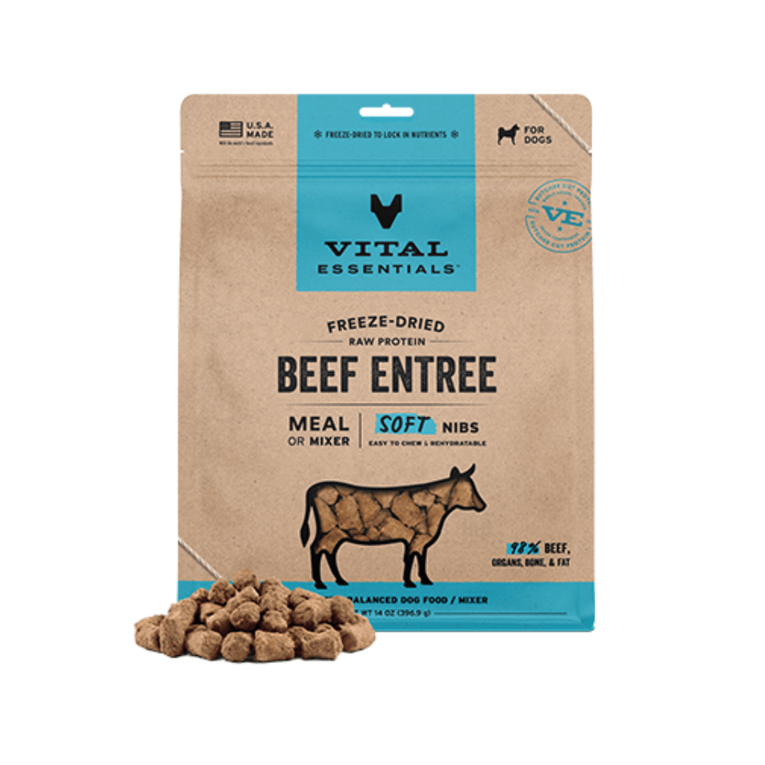 Vital Essentials 14oz Repas ou complément pour chien au bœuf cru lyophilisé – Bouchées tendres – 14 oz – Vital Essentials® Repas ou complément pour chien au bœuf cru lyophilisé – Bouchées tendres – 14 oz – Vital Essentials®