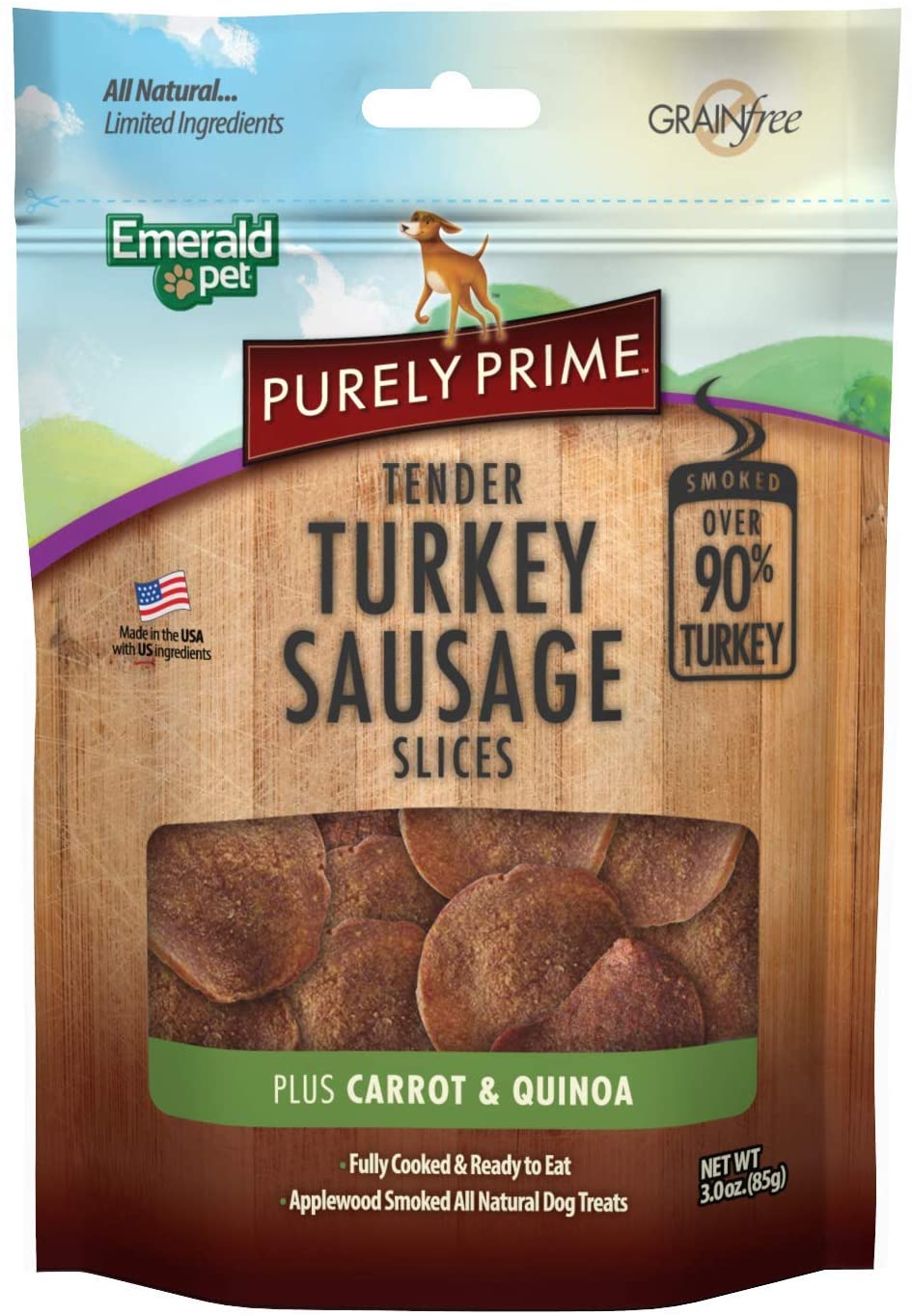Emerald Pet Gâteries pour chiens Saucisse Purely Prime à la dinde citrouille &amp; quinoa