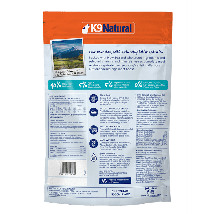 K9 natural nourriture Nourriture pour chiens K9 Natural Freeze-Dried Hoki et Boeuf