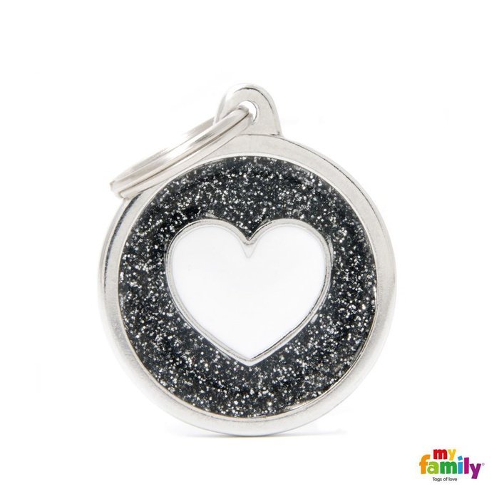 MyFamily medaille Médaille pour chiens - Shine Grand Rond Glitter Noir Coeur Blanc