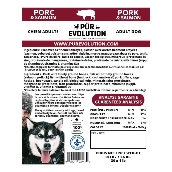 PÜR Evolution congele 13.6kg PÜR Evolution chien adulte - PORC et SAUMON - Cru congelé en magasin seulement