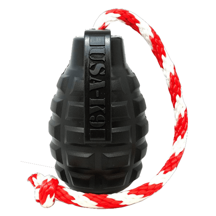 Sodapup jouets pour chien Grenade avec corde et distributrice de gâteries en caoutchouc durable - Noir