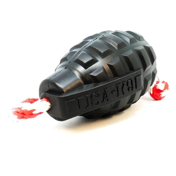 Sodapup jouets pour chien Grenade avec corde et distributrice de gâteries en caoutchouc durable - Noir