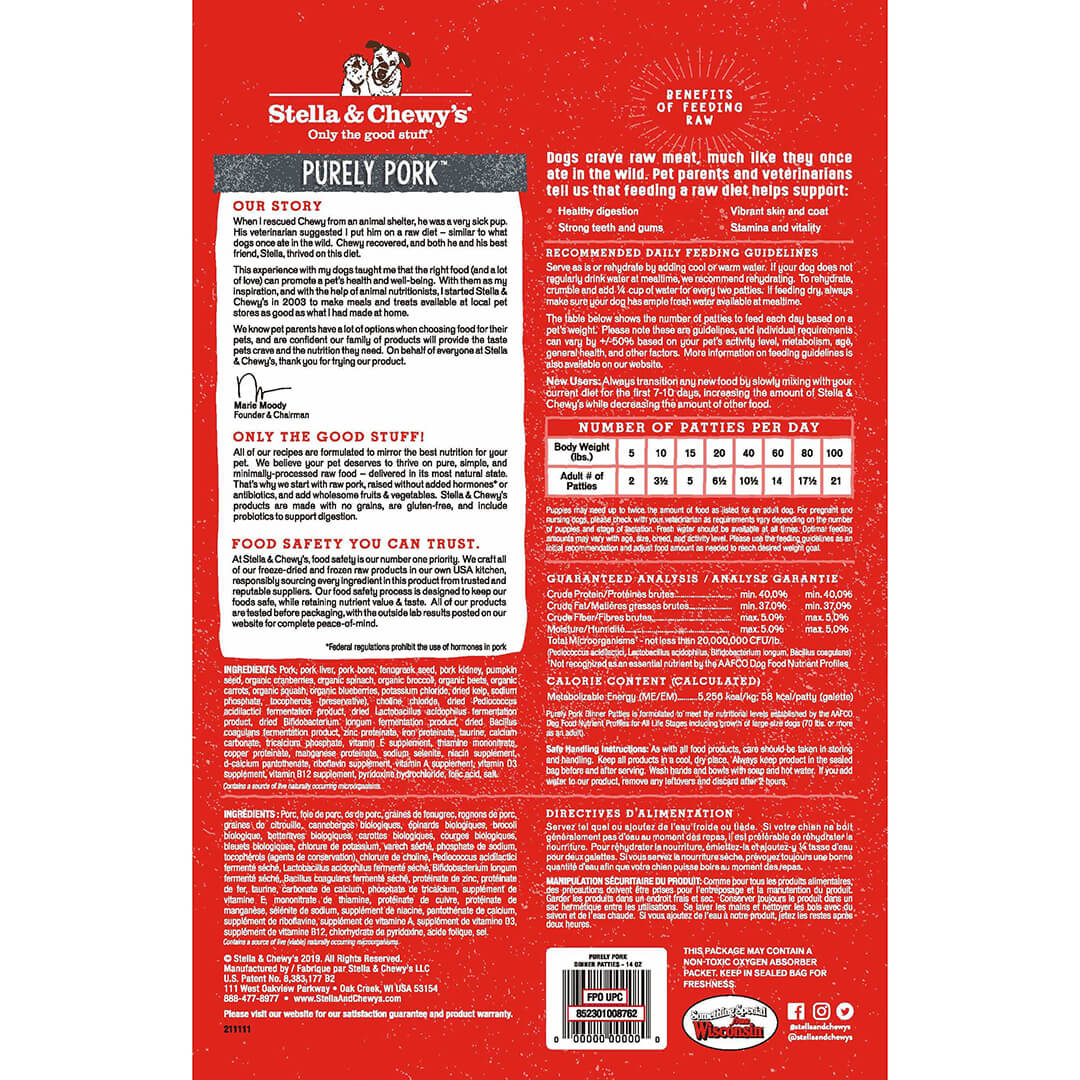 Stella & Chewy's nourriture Galette de repas pour chien Purely Pork 14 oz